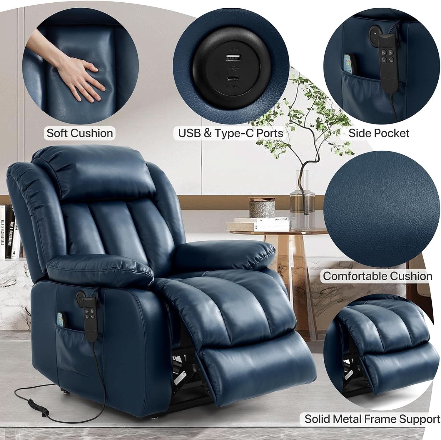 Dual Motor Lift Recliner Chair With Heat And Massage Dark Blue