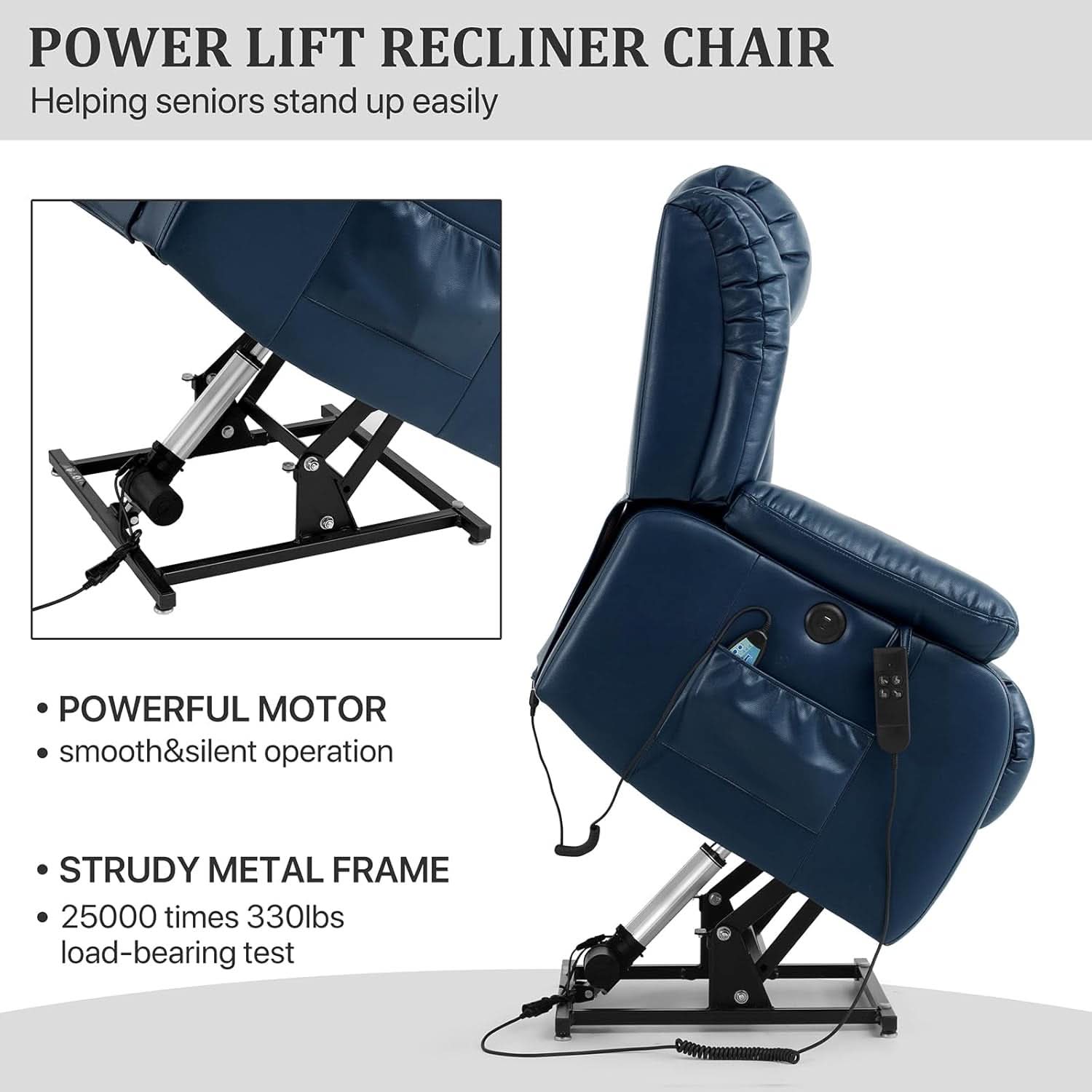 Dual Motor Lift Recliner Chair With Heat And Massage Dark Blue
