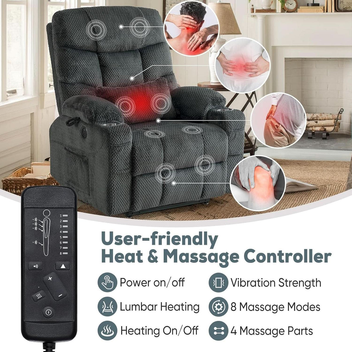 Dual Motor Lift Recliner Chair With Massage And Heat Grey