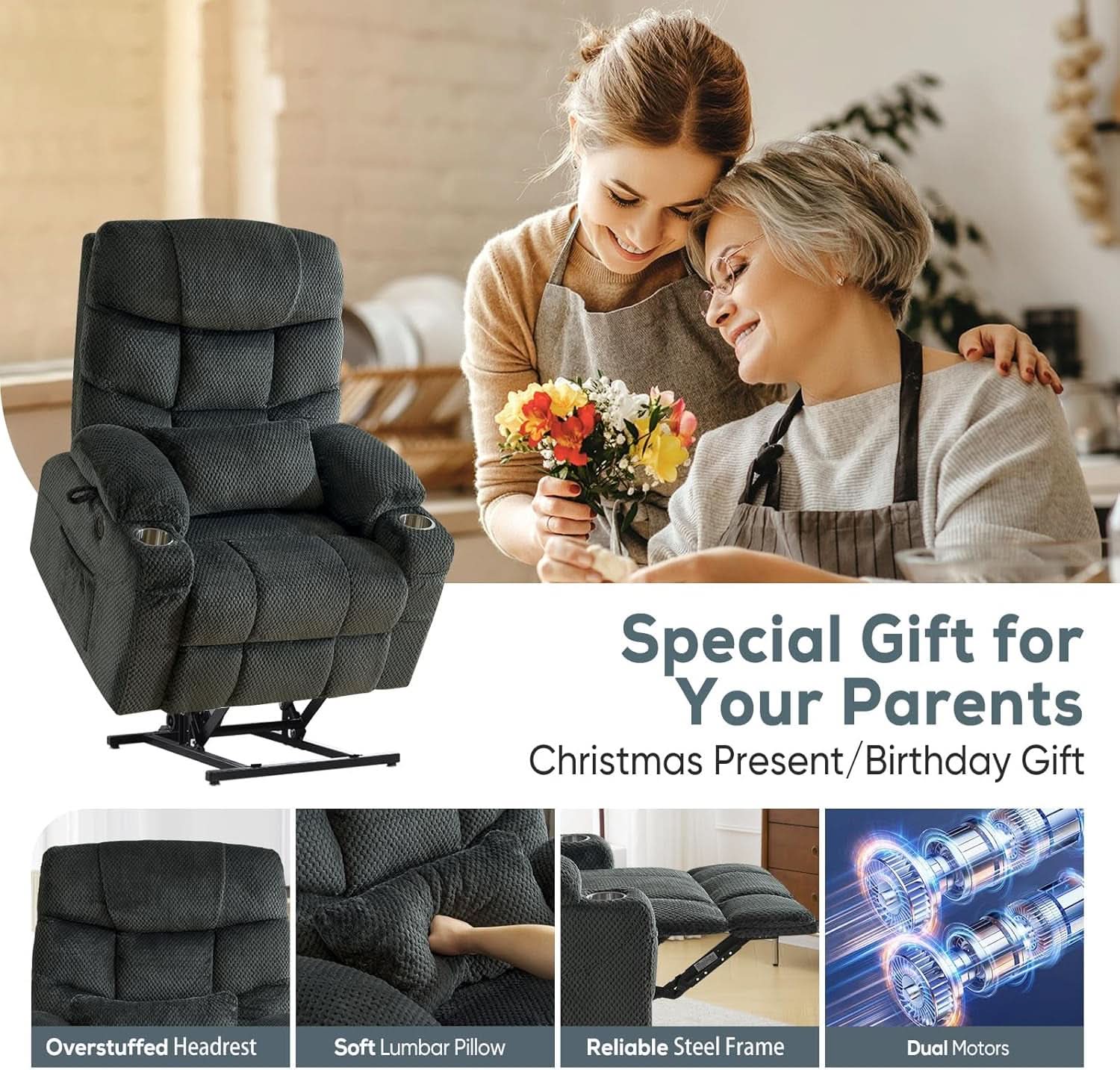 Dual Motor Lift Recliner Chair With Massage And Heat Grey