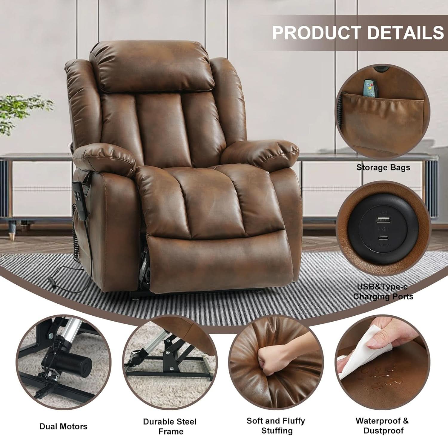 Dual Motor Lift Recliner Leather With Heat Massage