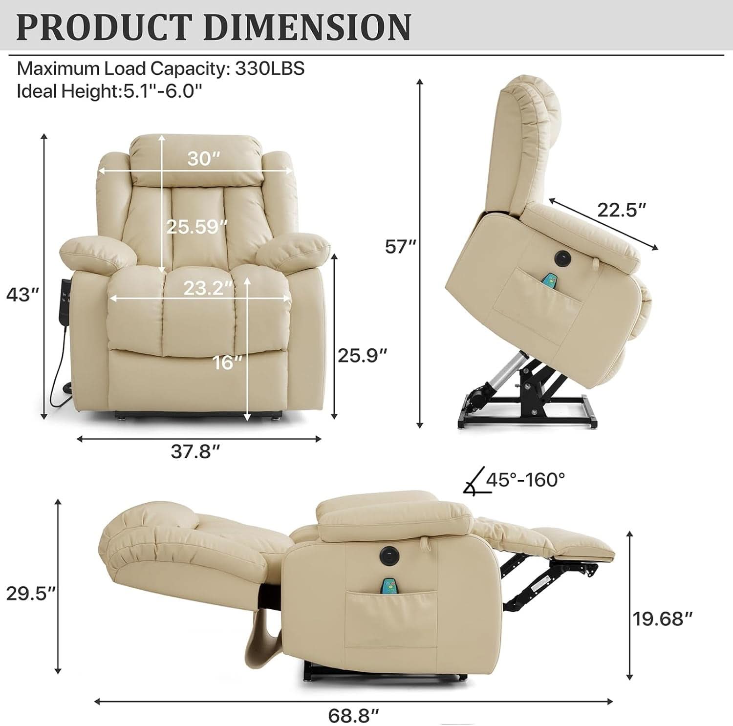 Dual Motor Lift Recliner With Heat And Massage Beige