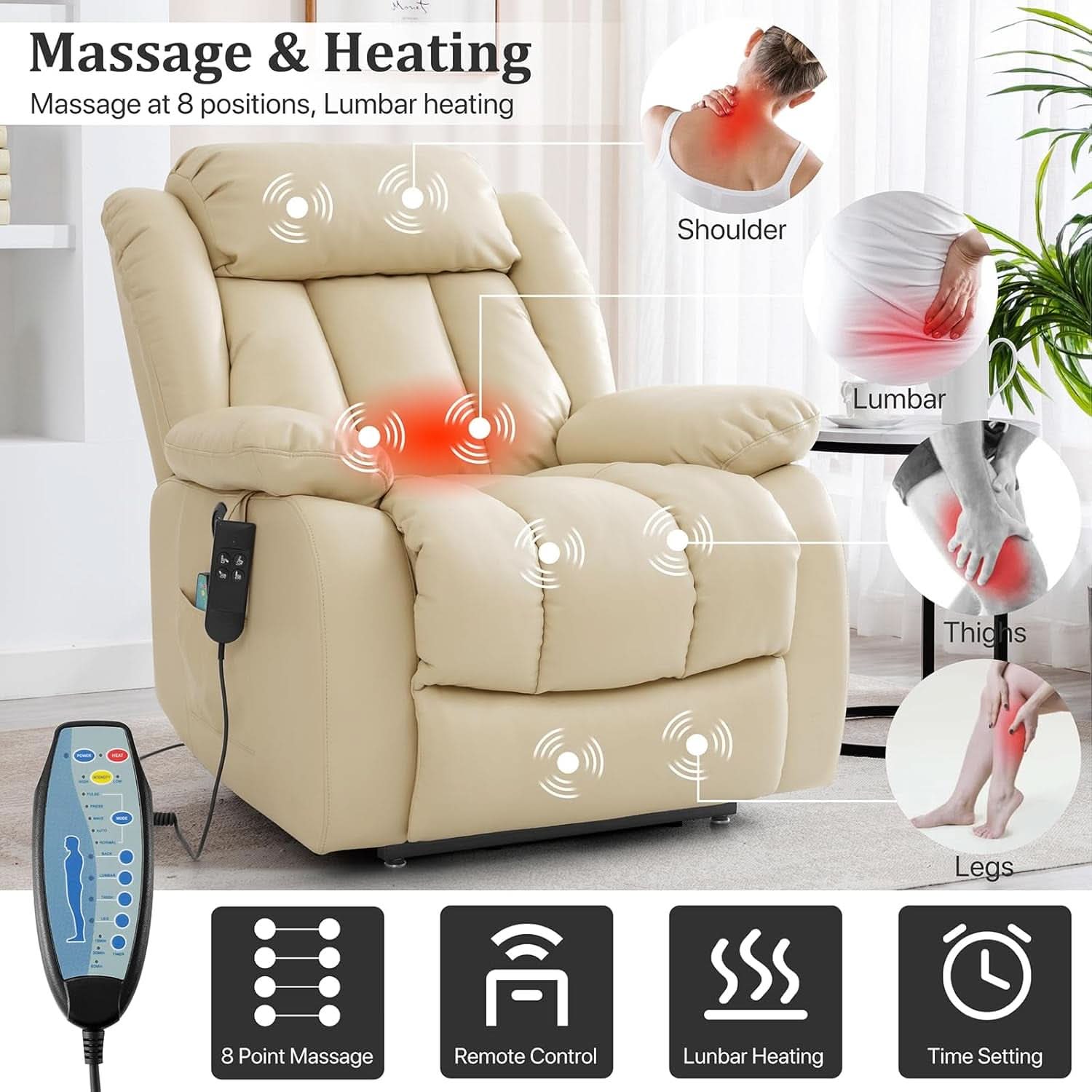 Dual Motor Lift Recliner With Heat And Massage Beige