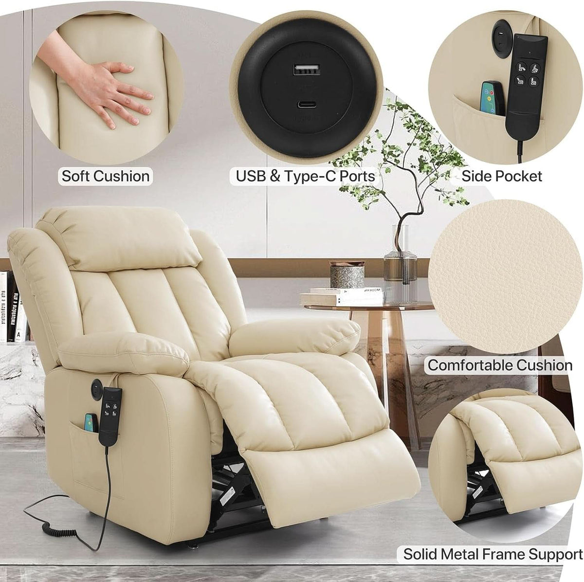 Dual Motor Lift Recliner With Heat And Massage Beige