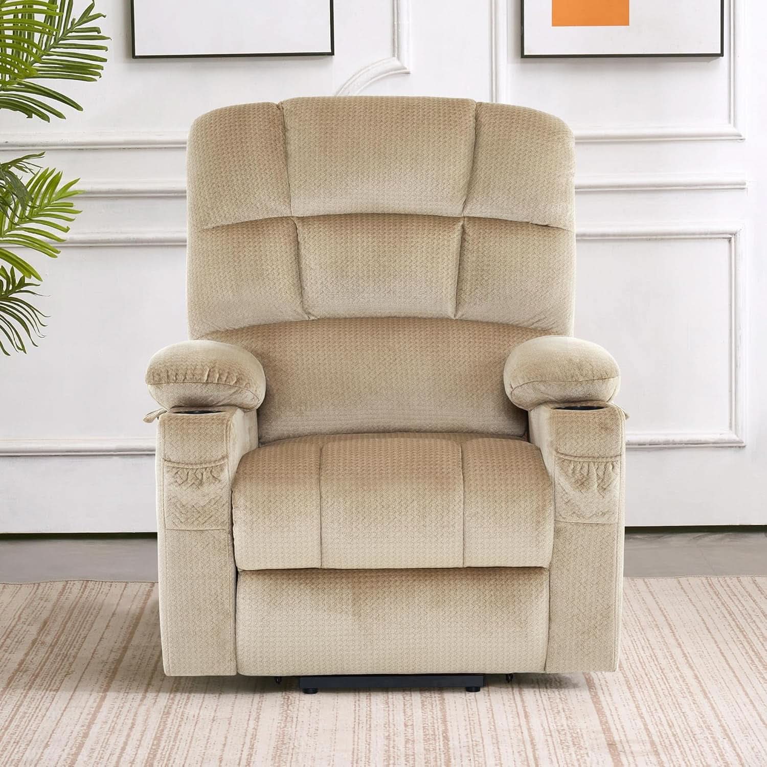 Dual Motor Power Lift Recliner Chair With Massage And Heat Beige Fabric Medium