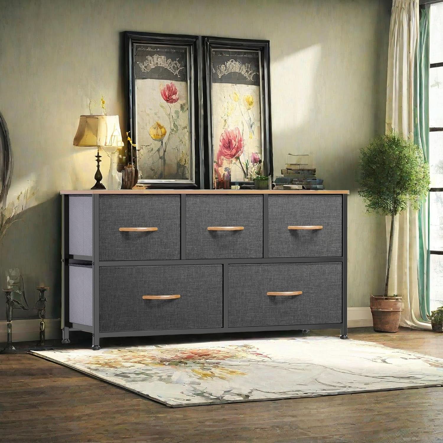 Dull Grey 5 Drawer Dresser TV Stand With Storage Tower For Bedroom