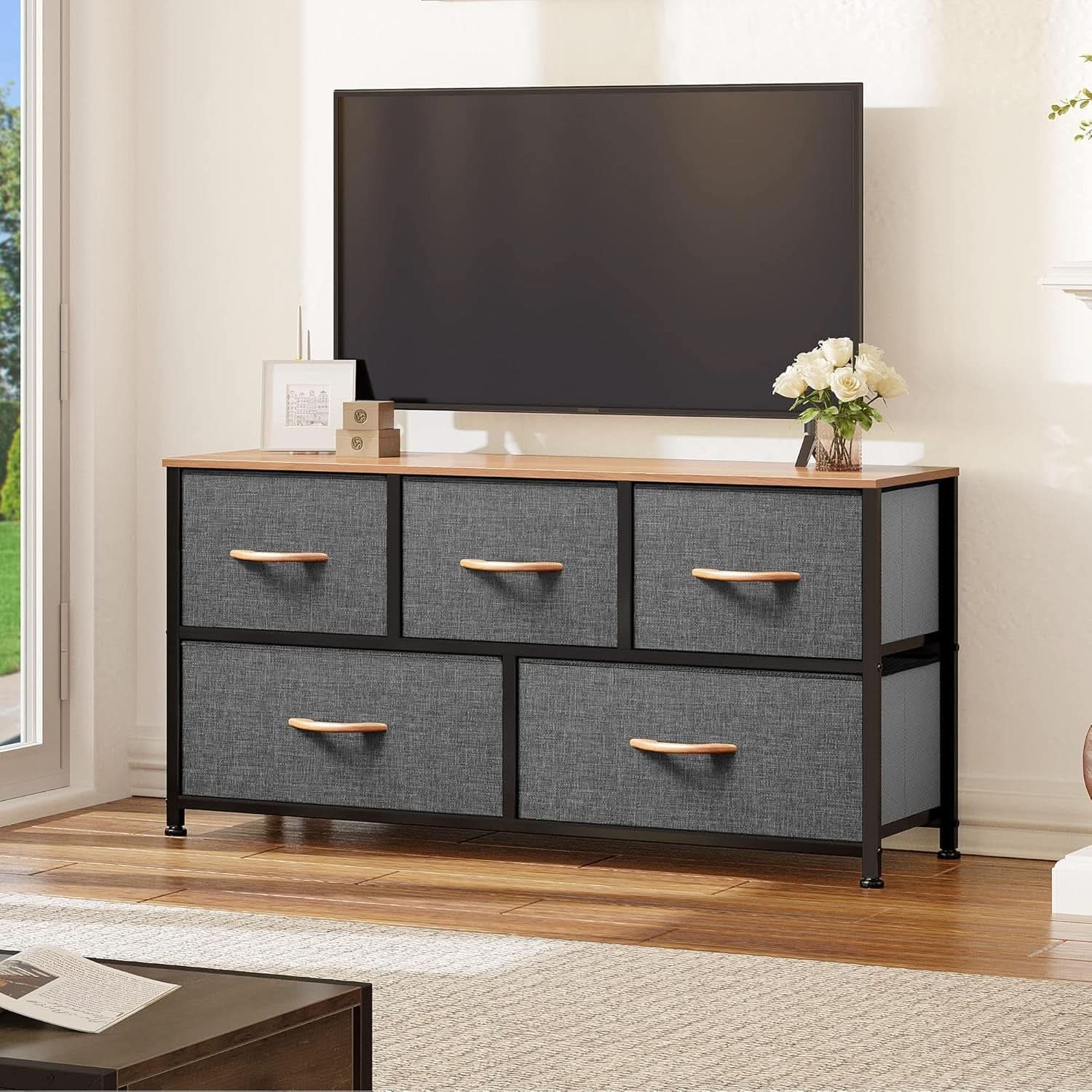 Dull Grey 5 Drawer Dresser TV Stand With Storage Tower For Bedroom