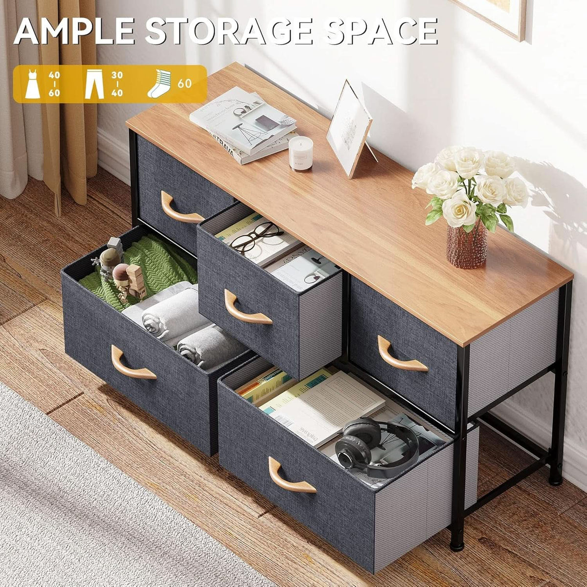 Dull Grey 5 Drawer Dresser TV Stand With Storage Tower For Bedroom