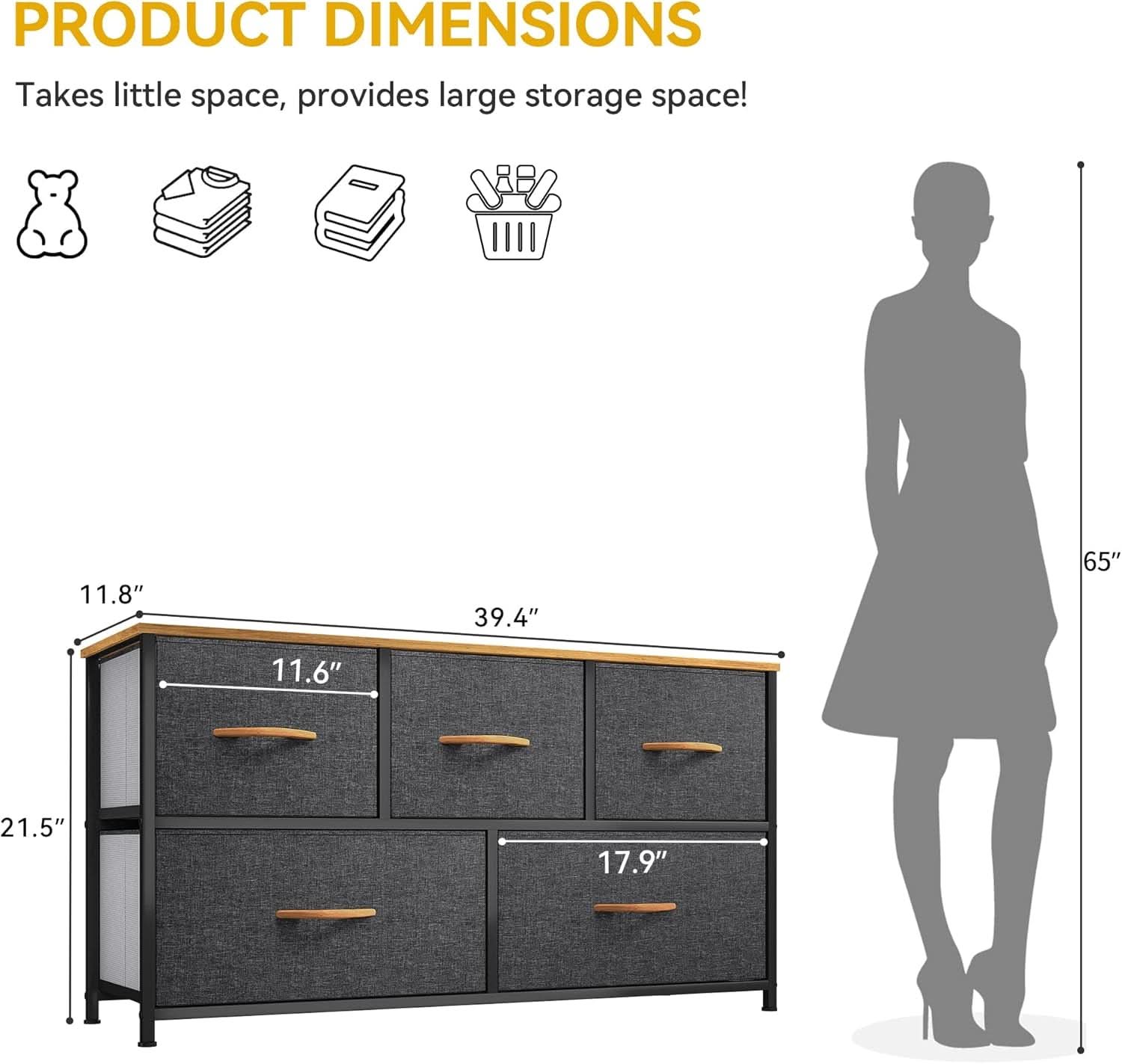 Dull Grey 5 Drawer Dresser TV Stand With Storage Tower For Bedroom