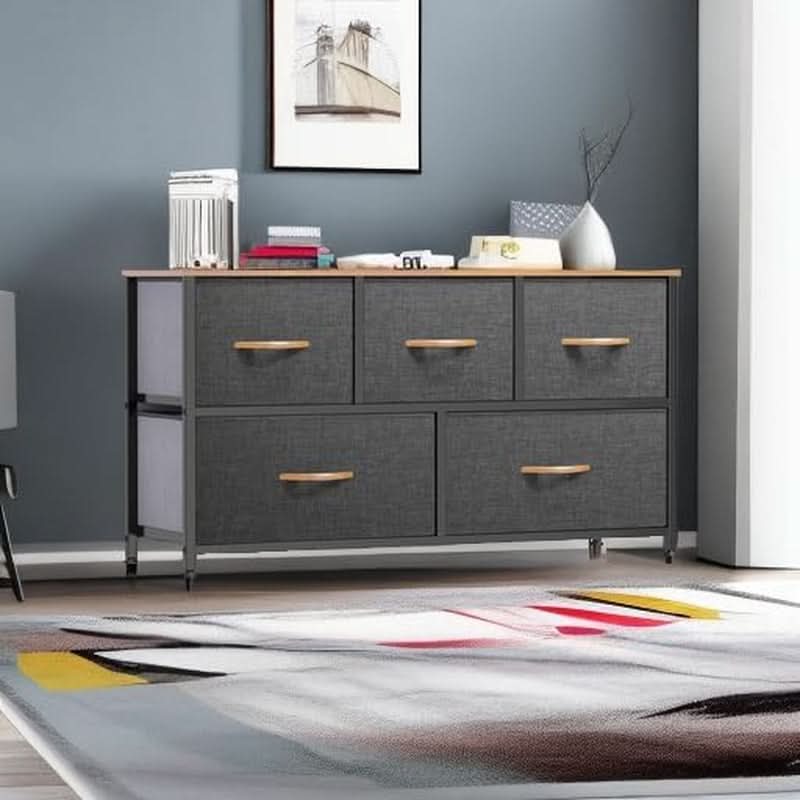 Dull Grey 5 Drawer Dresser TV Stand With Storage Tower For Bedroom