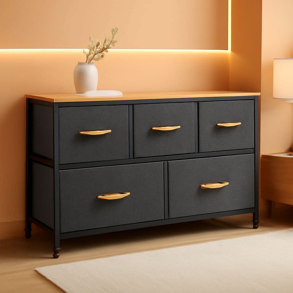 Dull Grey 5 Drawer Dresser TV Stand With Storage Tower For Bedroom
