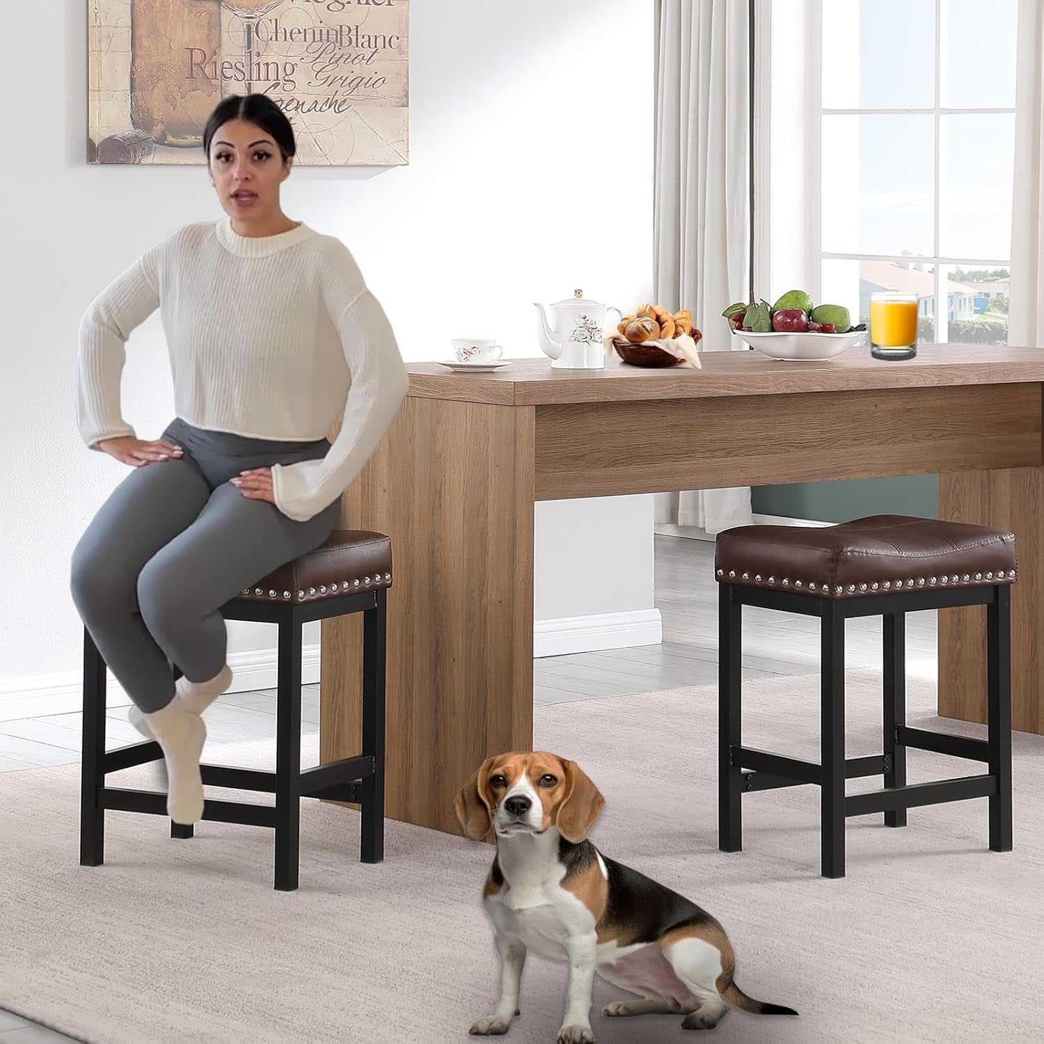 Durable Brown Pu Leather Bar Stools Set of Two