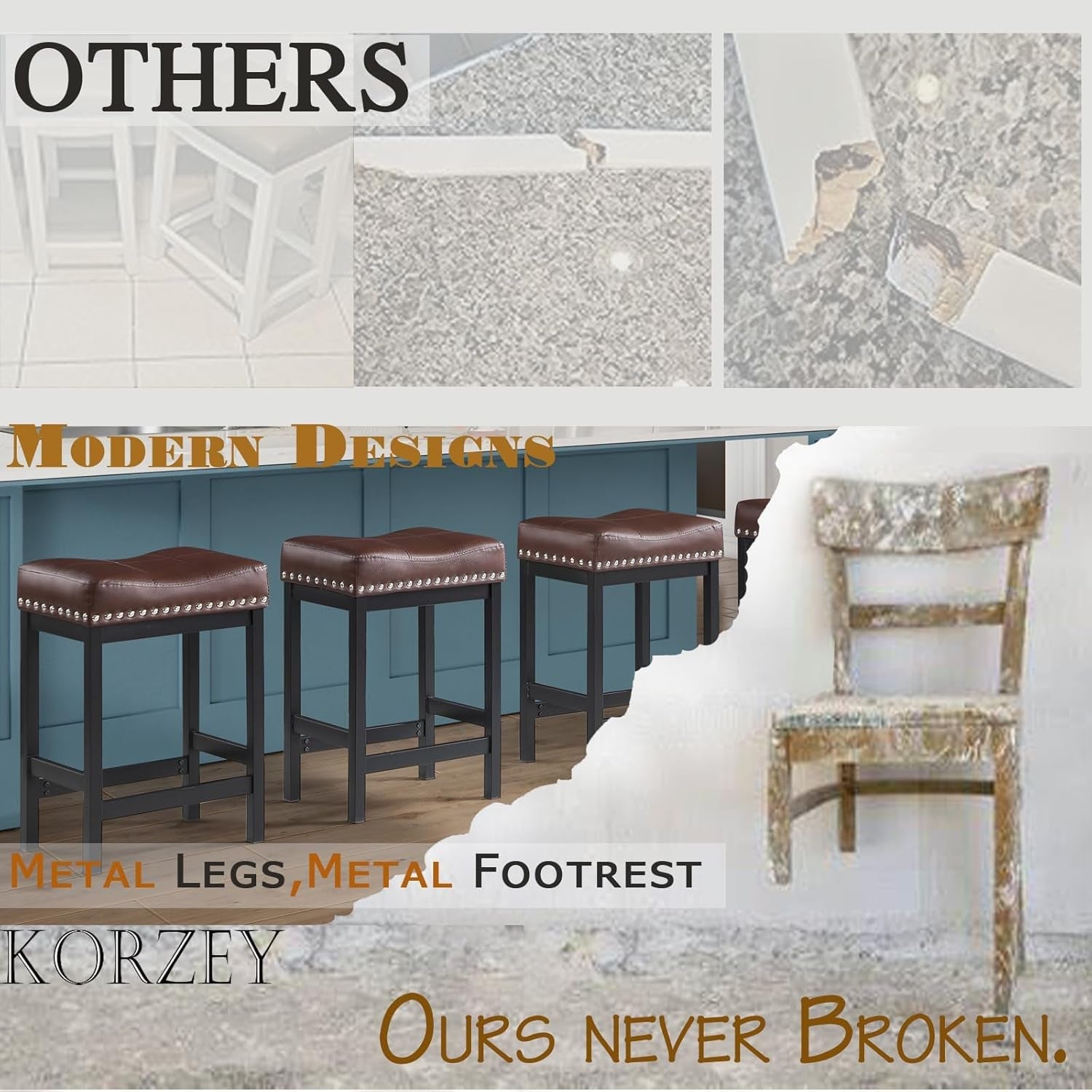 Durable Brown Pu Leather Bar Stools Set of Two