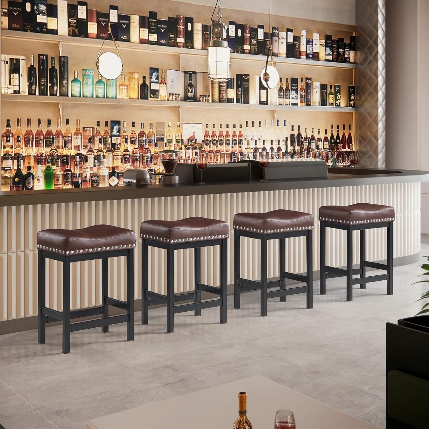 Durable Brown Pu Leather Bar Stools Set of Two