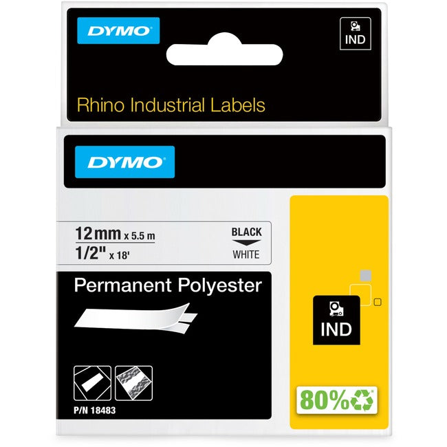 Dymo Rhino 1/2In X 18Ft, White Permanent Poly Labels