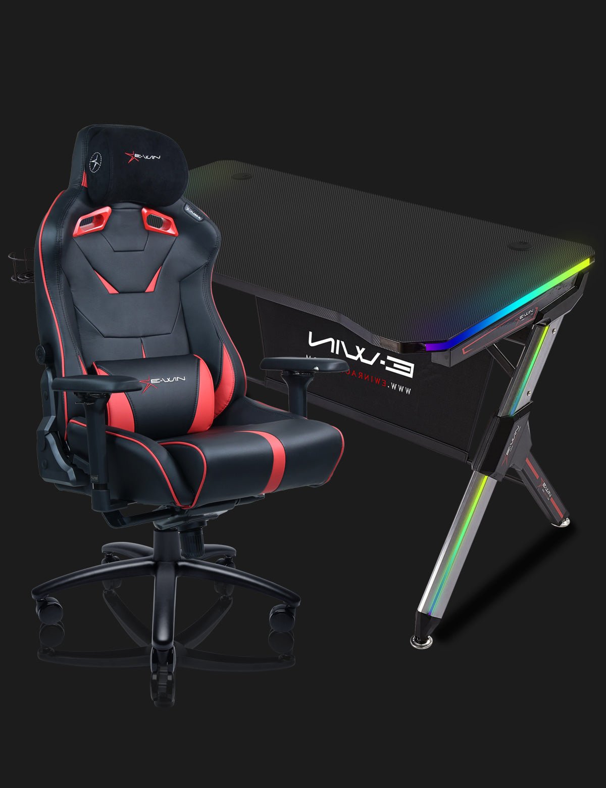 E-WIN Ultimate Gamer Bundle with Flash XL Revolution Upgraded Series and Lux Luminis RGB Gaming Desk with Wireless Charging