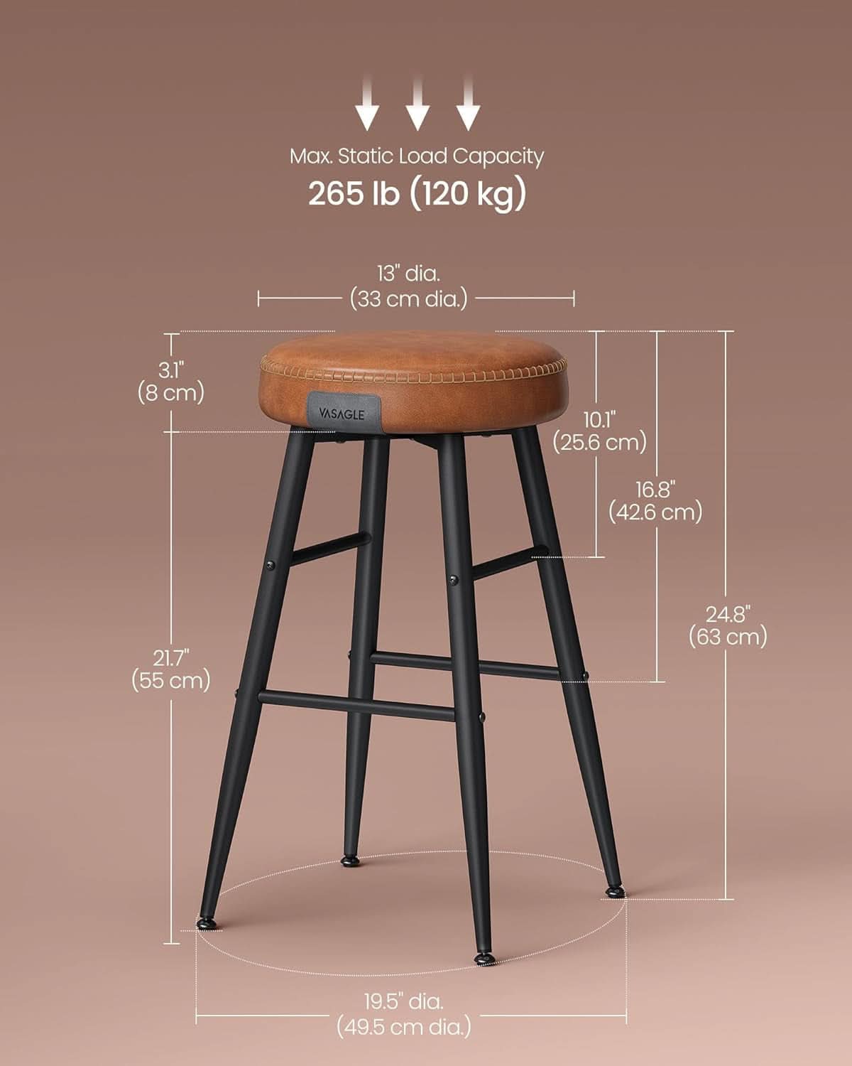 EKHO Backless Counter Height Bar Stools Set Of 2 24.8 Inch Tall Caramel Brown