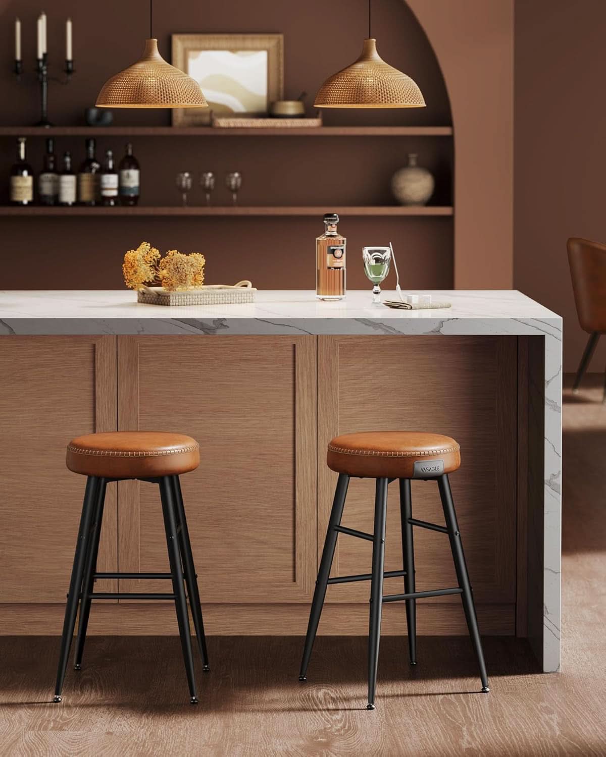 EKHO Backless Counter Height Bar Stools Set Of 2 24.8 Inch Tall Caramel Brown