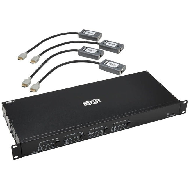 Eaton Tripp Lite Series 4x4 HDMI over Cat6 Matrix Switch Kit, Switch/4x Pigtail Receivers - 4K 60 Hz, HDR, 4:4:4, PoC, 230 ft. (70.1 m), TAA B127A-4X4-BH4PH