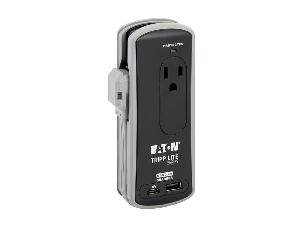 Eaton Tripp Lite Series Protect It! Travel-Size Surge Protector 2-Outlet 5-15R Outlets USB-C and USB-A Ports 5-15P Input Black TRAVELER3USBC