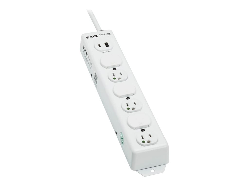 Eaton Tripp Lite Series UL 1363 Medical-Grade Power Strip, 6 Hospital-Grade Outlets, USB Charging, Safety Covers, Antimicrobial, PS-606-HGUSB
