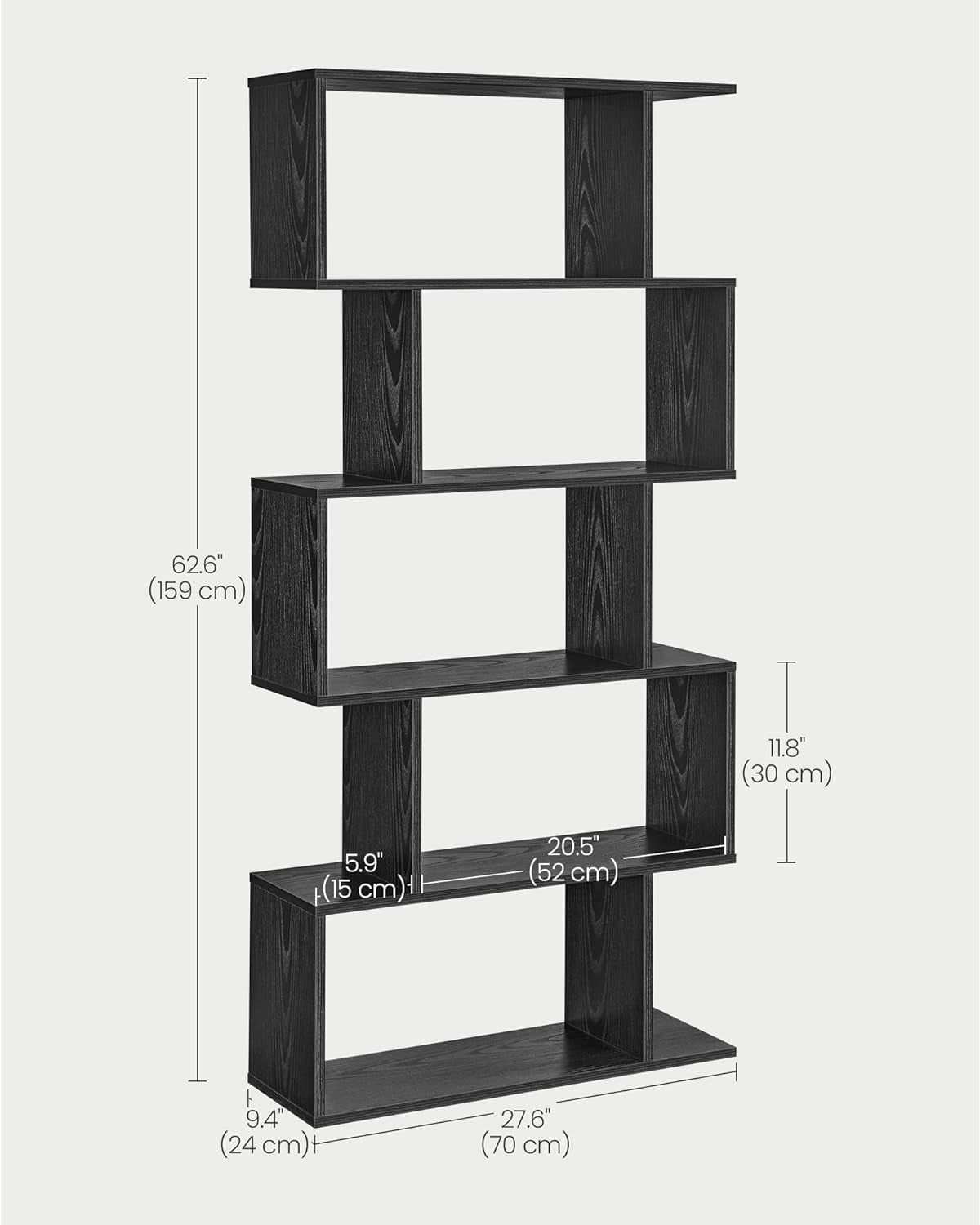 Ebony Black Five Tier Freestanding Bookcase Anti Tip