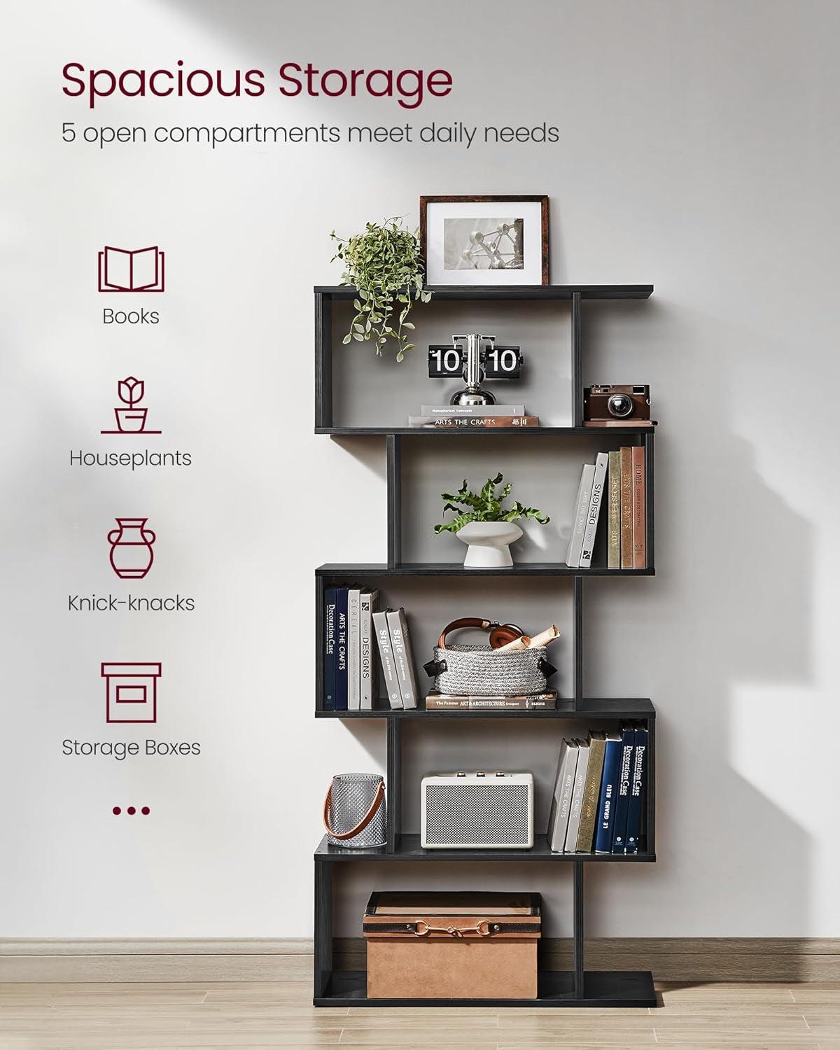Ebony Black Five Tier Freestanding Bookcase Anti Tip
