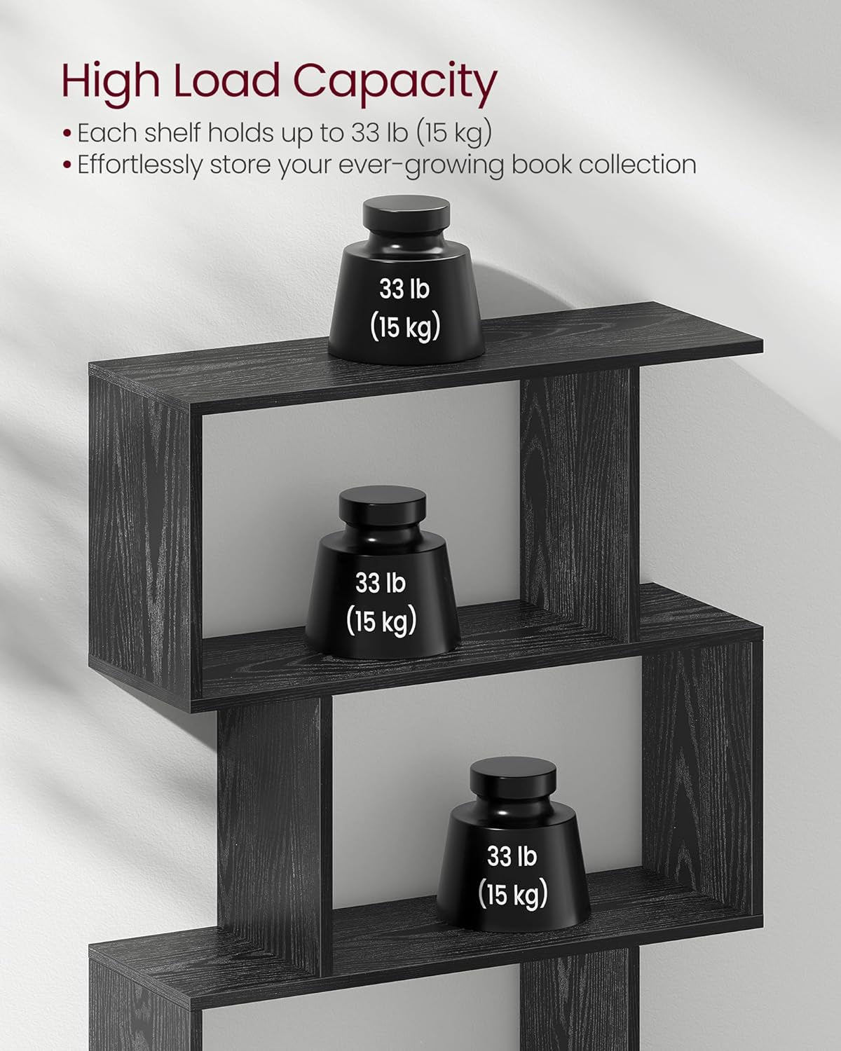 Ebony Black Five Tier Freestanding Bookcase Anti Tip