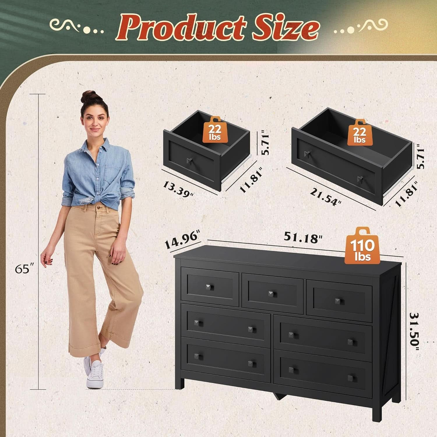 Ebony Farmhouse Dresser With Seven Drawers Solid Hardwood