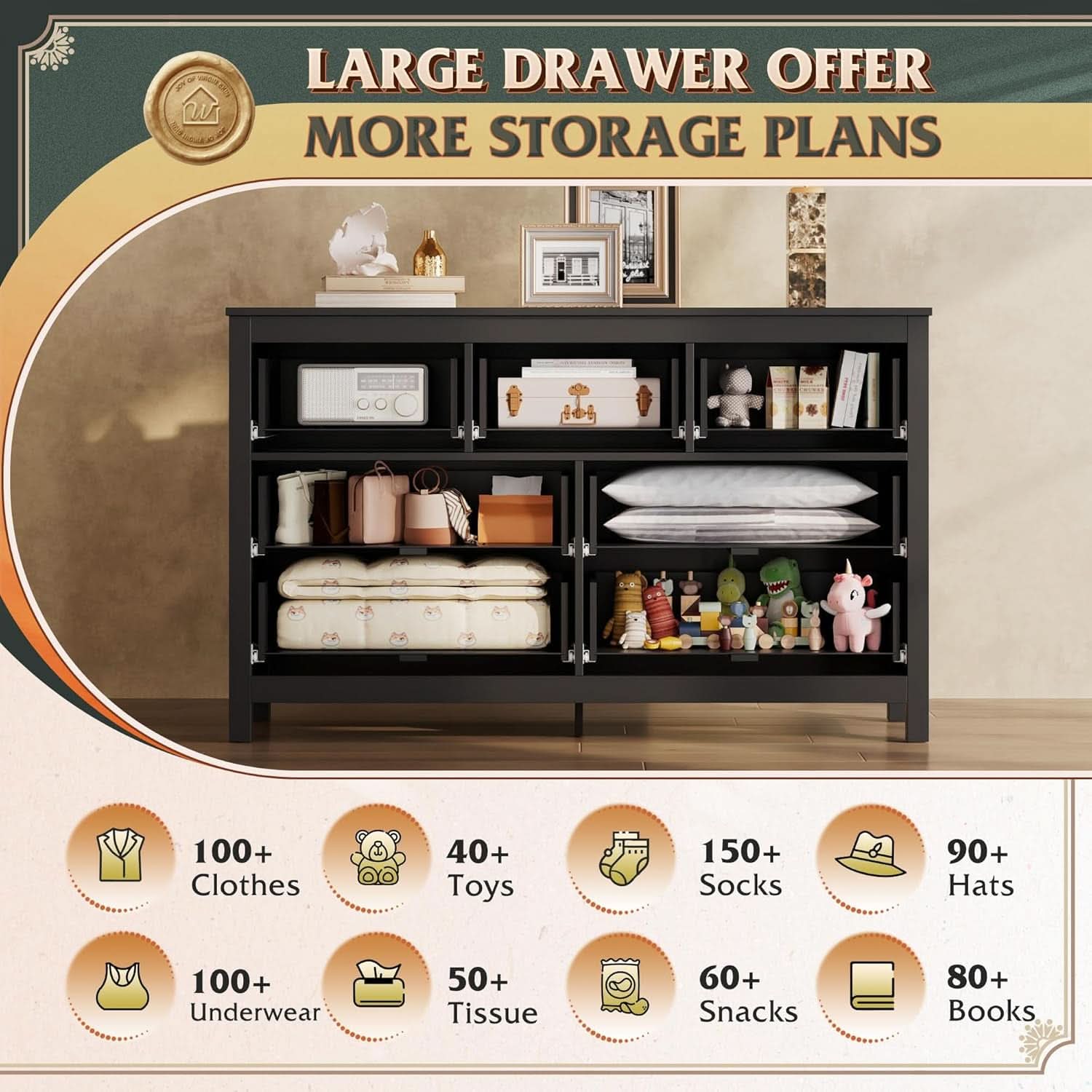 Ebony Farmhouse Dresser With Seven Drawers Solid Hardwood