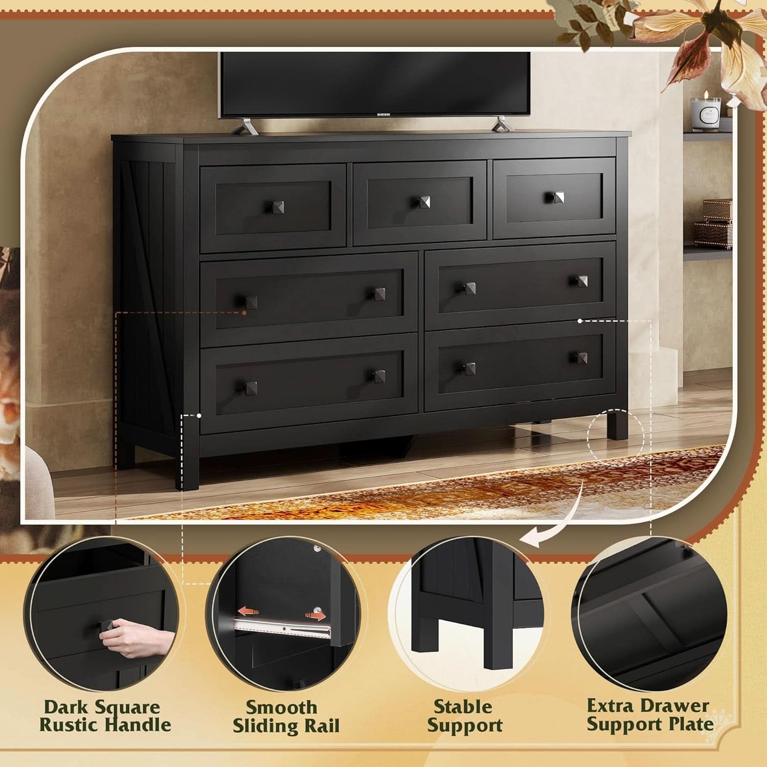 Ebony Farmhouse Dresser With Seven Drawers Solid Hardwood