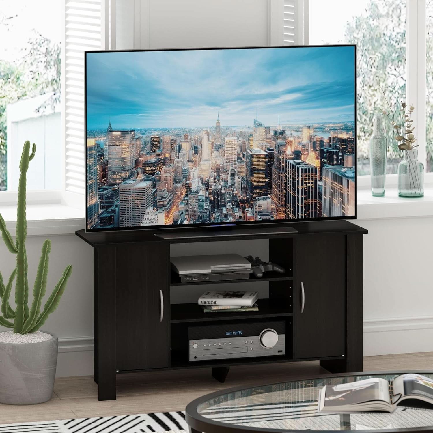 Econ Espresso TV Stand With Concealed Storage And Shelves