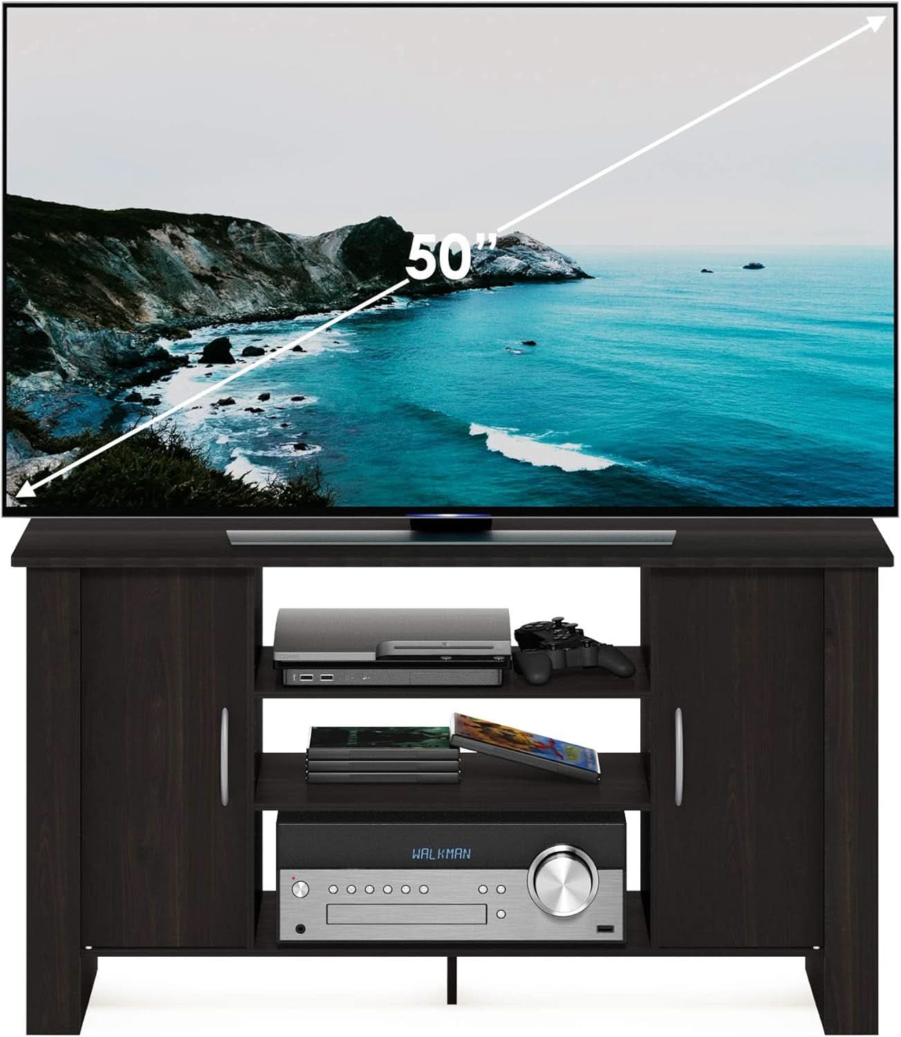 Econ Espresso TV Stand With Concealed Storage And Shelves