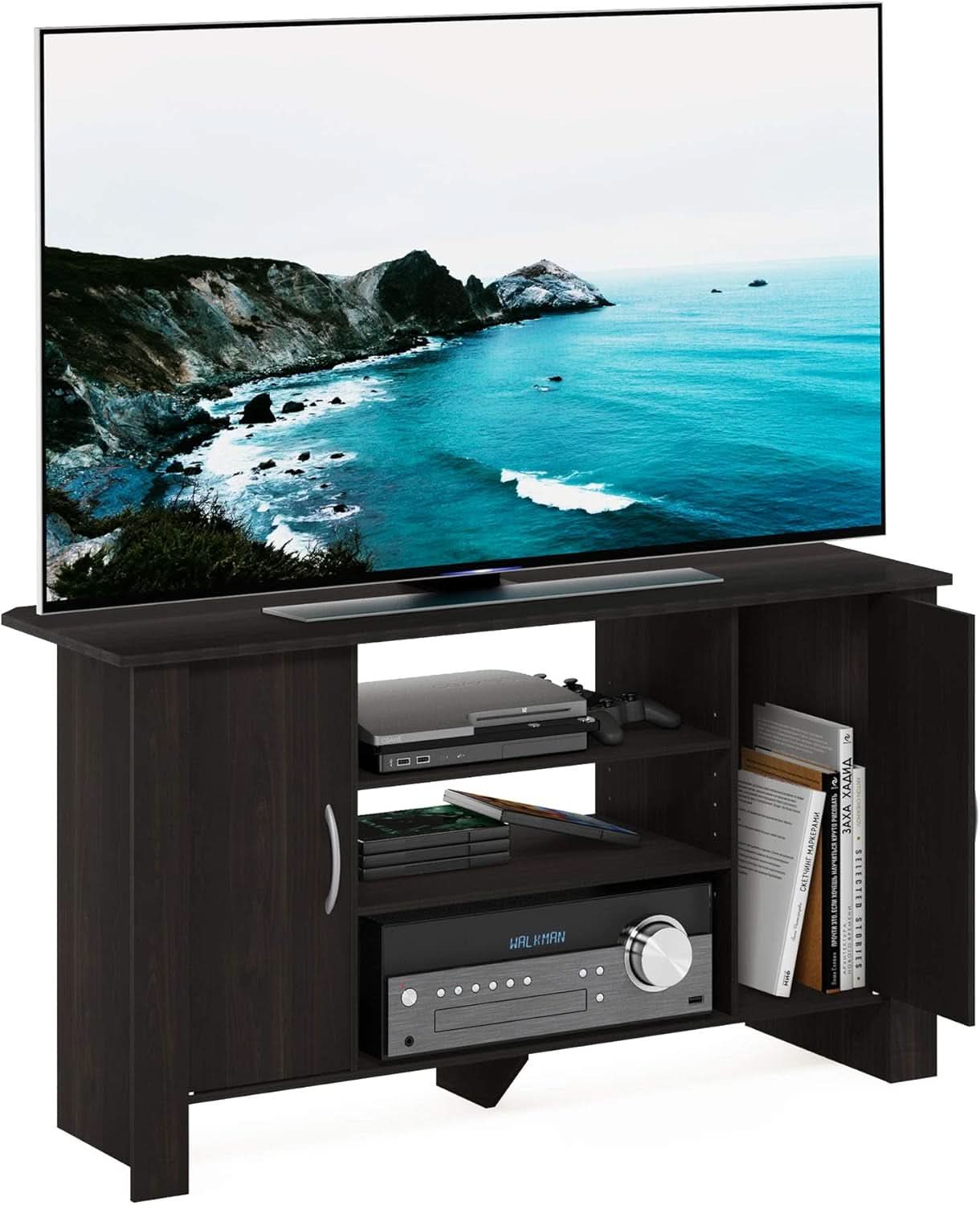 Econ Espresso TV Stand With Concealed Storage And Shelves