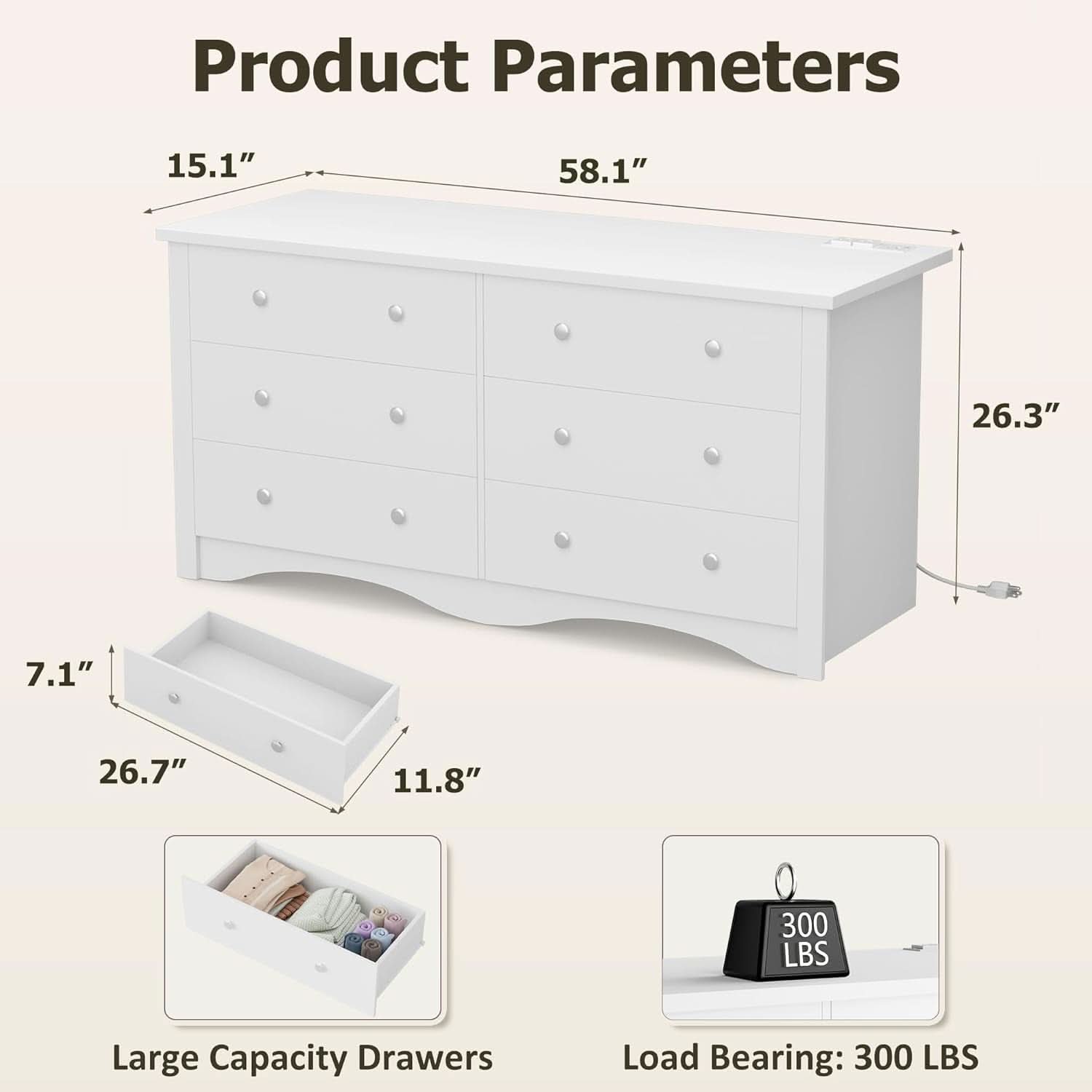 Eggshell WardrobeSystem Six Drawer Dresser With USB Type C Charging