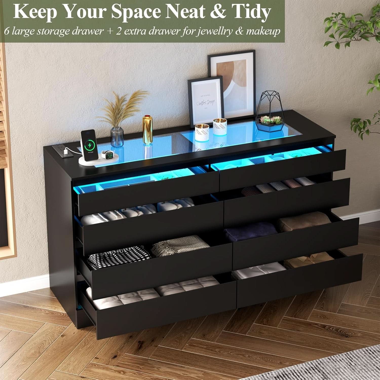 Eight Drawer Dresser With Electrical Outlet Bedroom