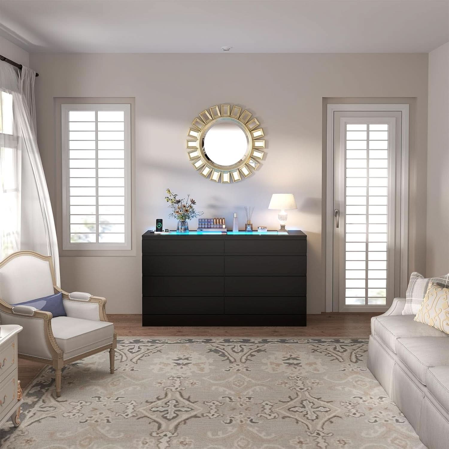 Eight Drawer Dresser With Electrical Outlet Bedroom