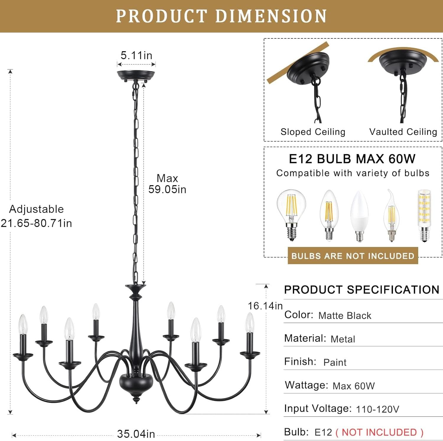 Eight Light Black Farmhouse Chandelier Ceiling Fixture