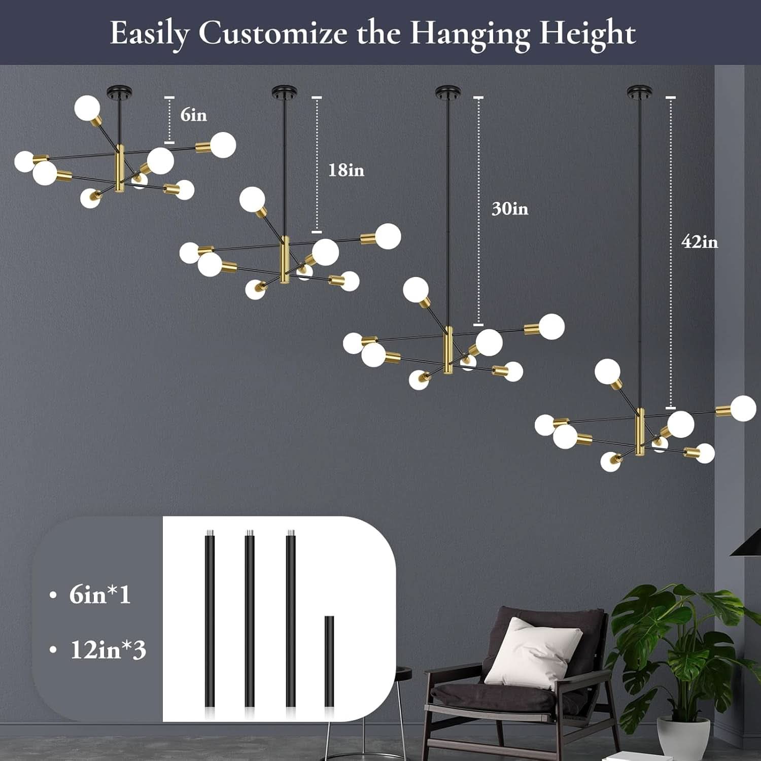 Eight Light Modern Sputnik Chandelier Black And Gold
