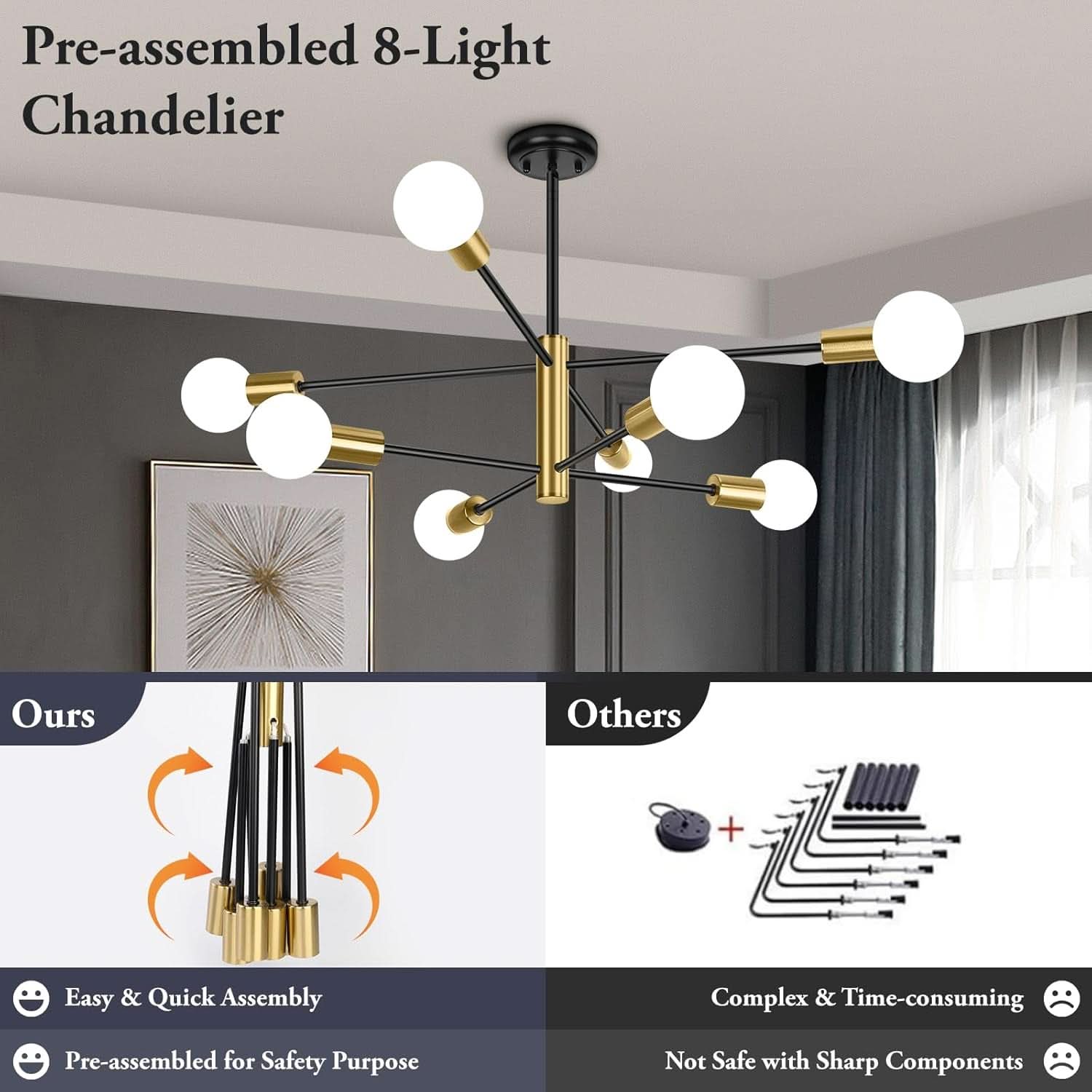 Eight Light Modern Sputnik Chandelier Black And Gold