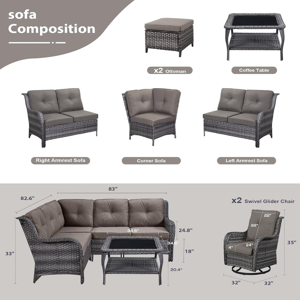 Eight Piece Outdoor Patio Furniture Set with Cushions