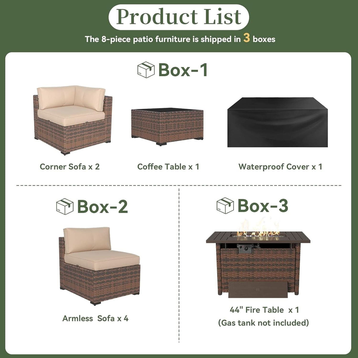 Eight Piece Outdoor Patio Furniture Set with Fire Pit
