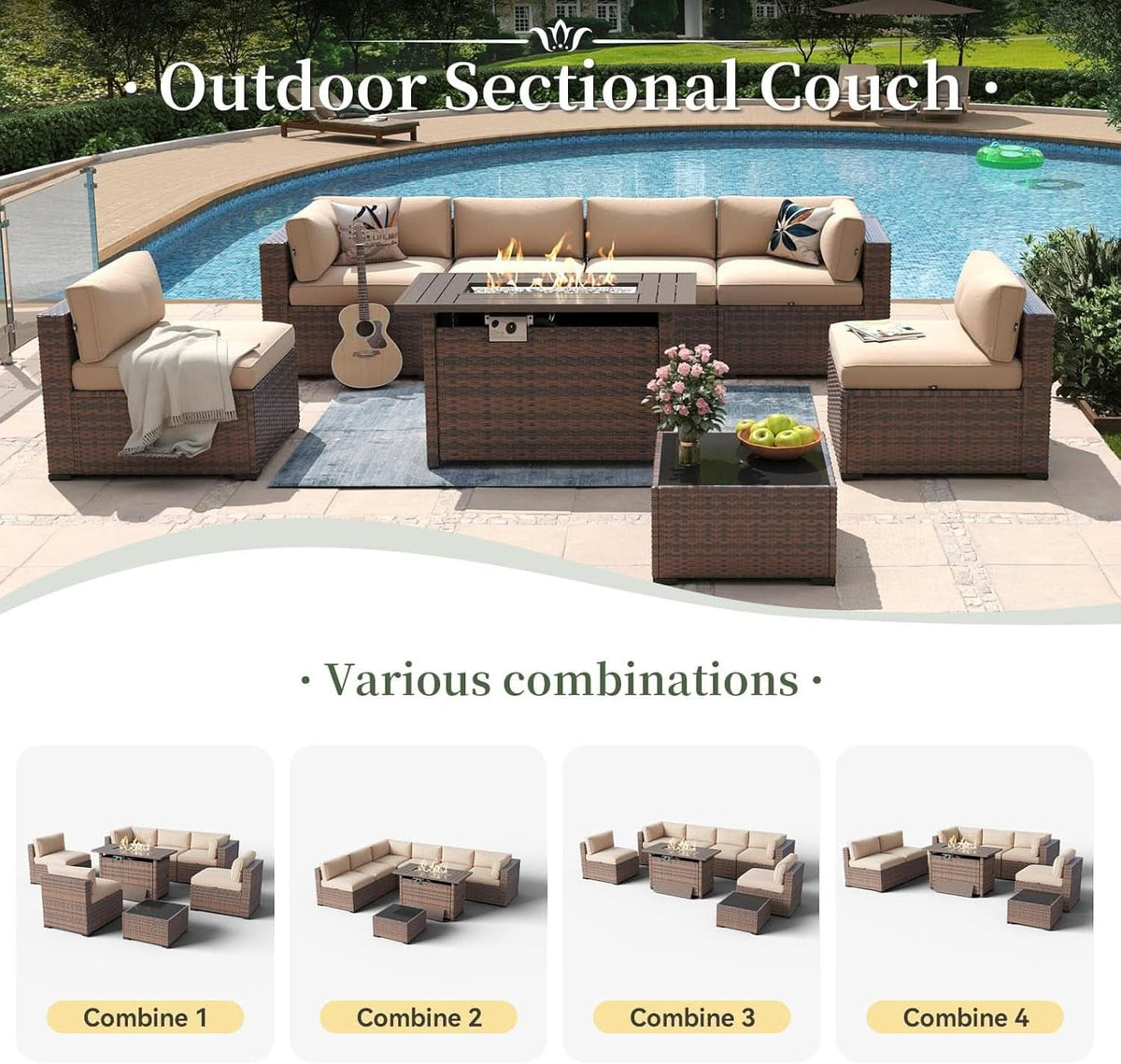 Eight Piece Outdoor Patio Furniture Set with Fire Pit