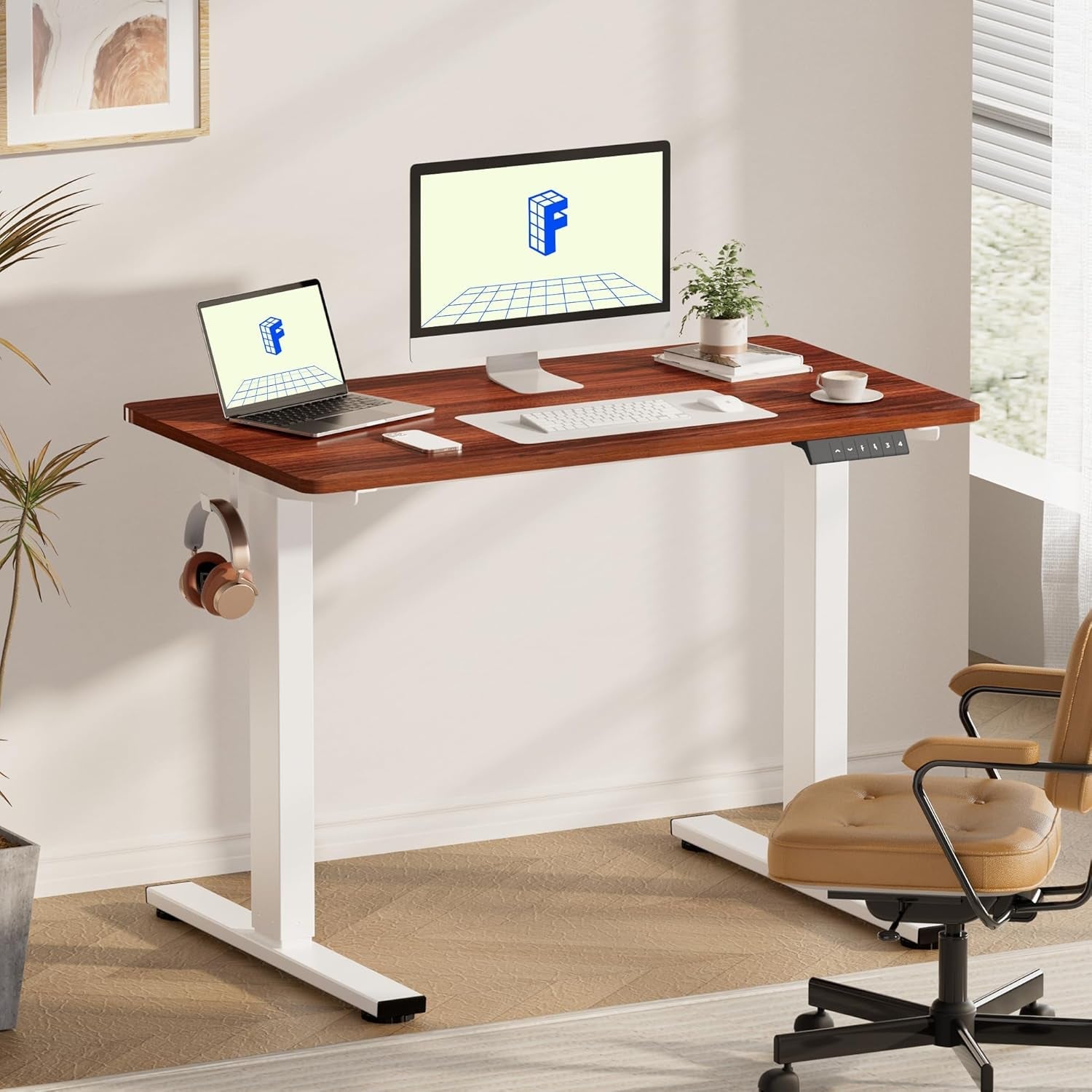 Electric Adjustable Height Desk 48 By 24 Inch Mahogany Top