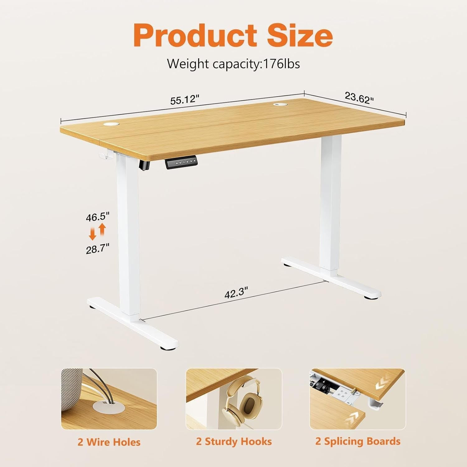 Electric Adjustable Height Standing Desk 55x24 Inch With Splice Panels