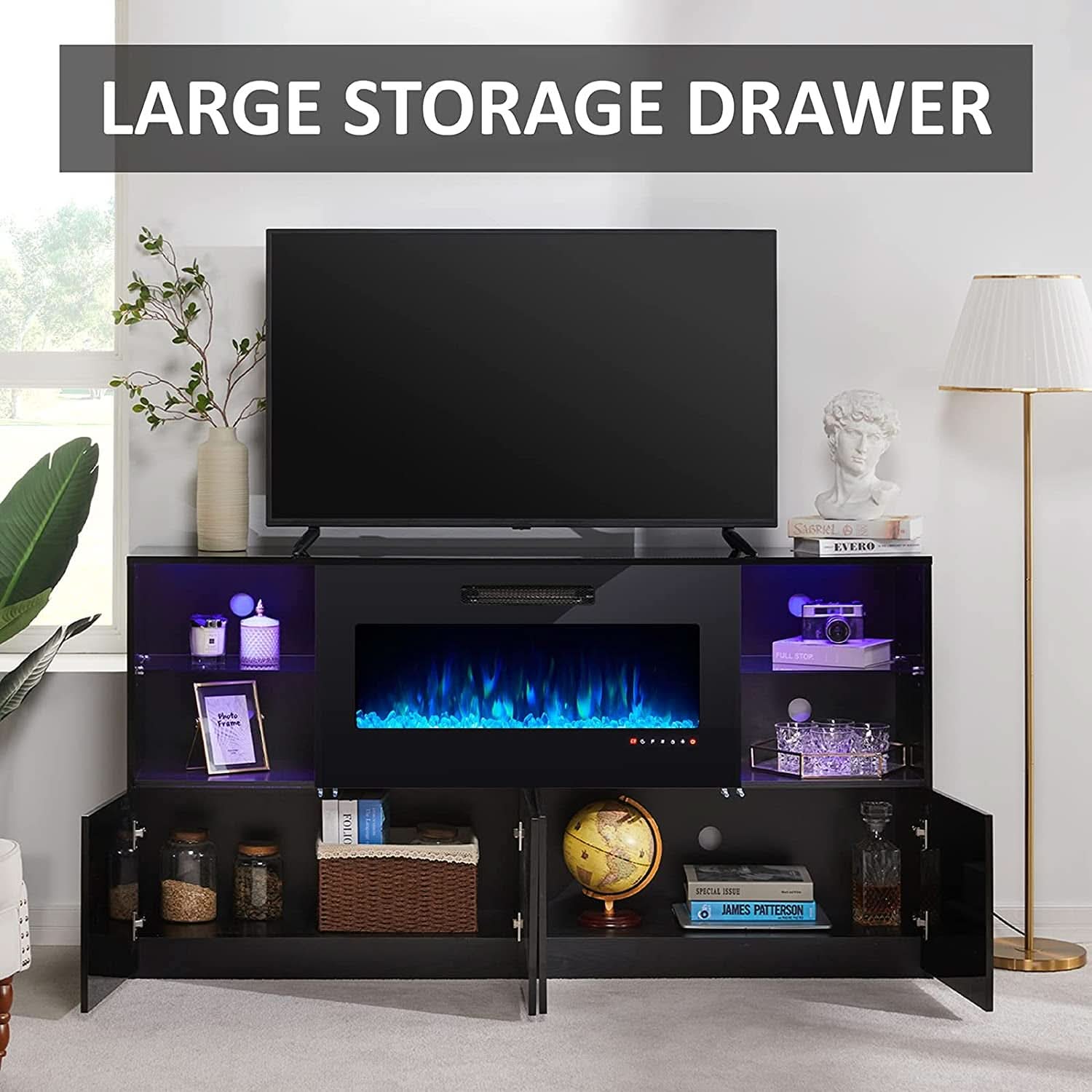 Electric Fireplace TV Console High Gloss Finish Elegant