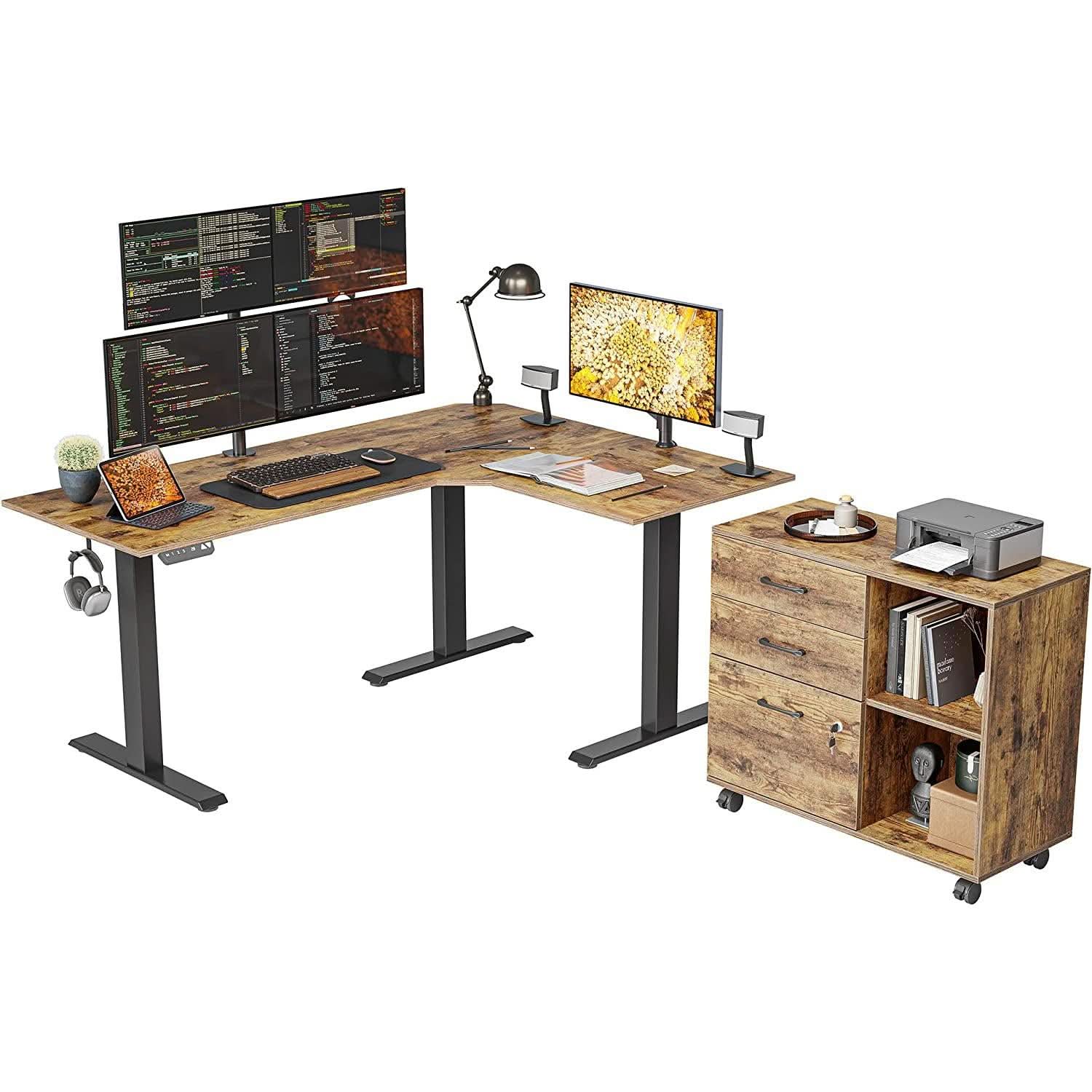 Electric Height Adjustable L Shaped Desk With File Cabinet