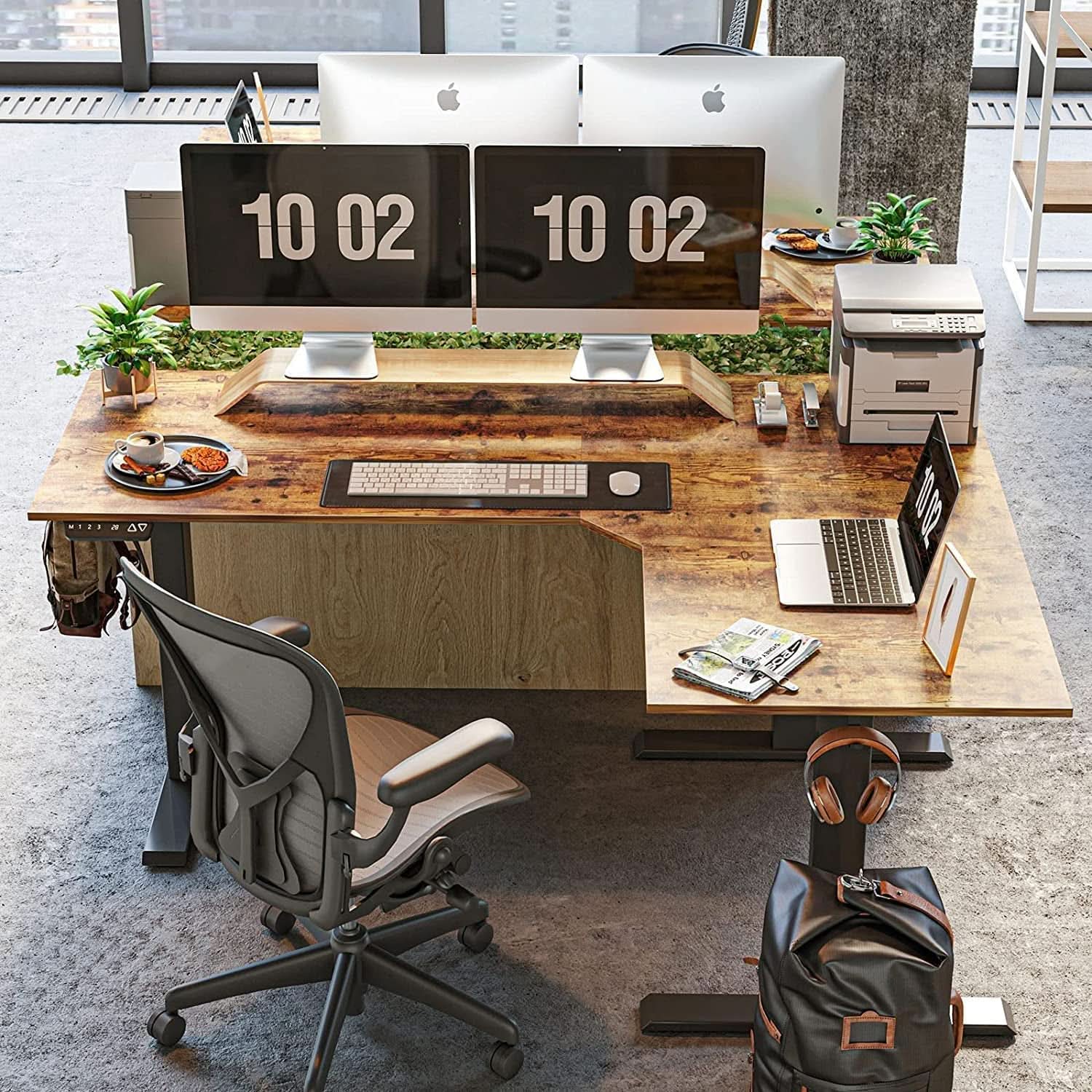 Electric Height Adjustable L Shaped Desk With File Cabinet