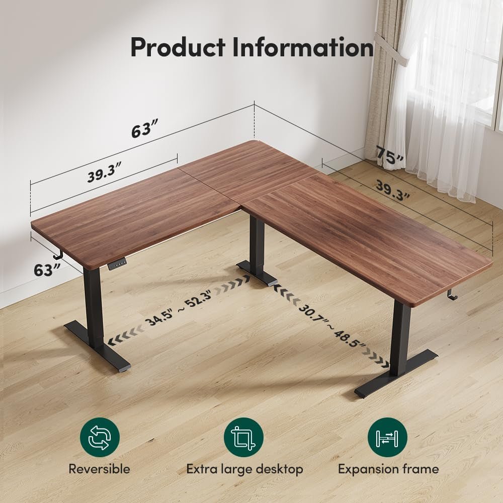 Electric Height Adjustable L Shaped Standing Desk 75 by 63 Inches Black Walnut