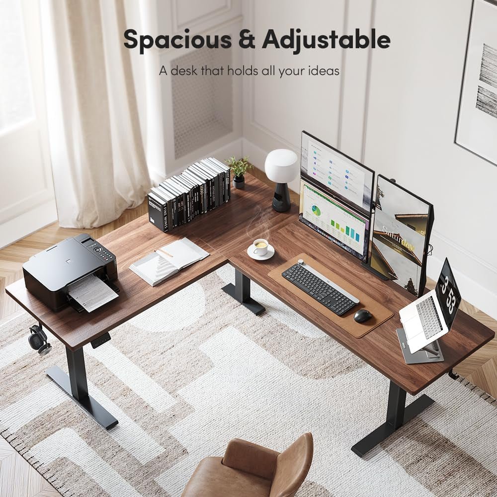 Electric Height Adjustable L Shaped Standing Desk 75 by 63 Inches Black Walnut